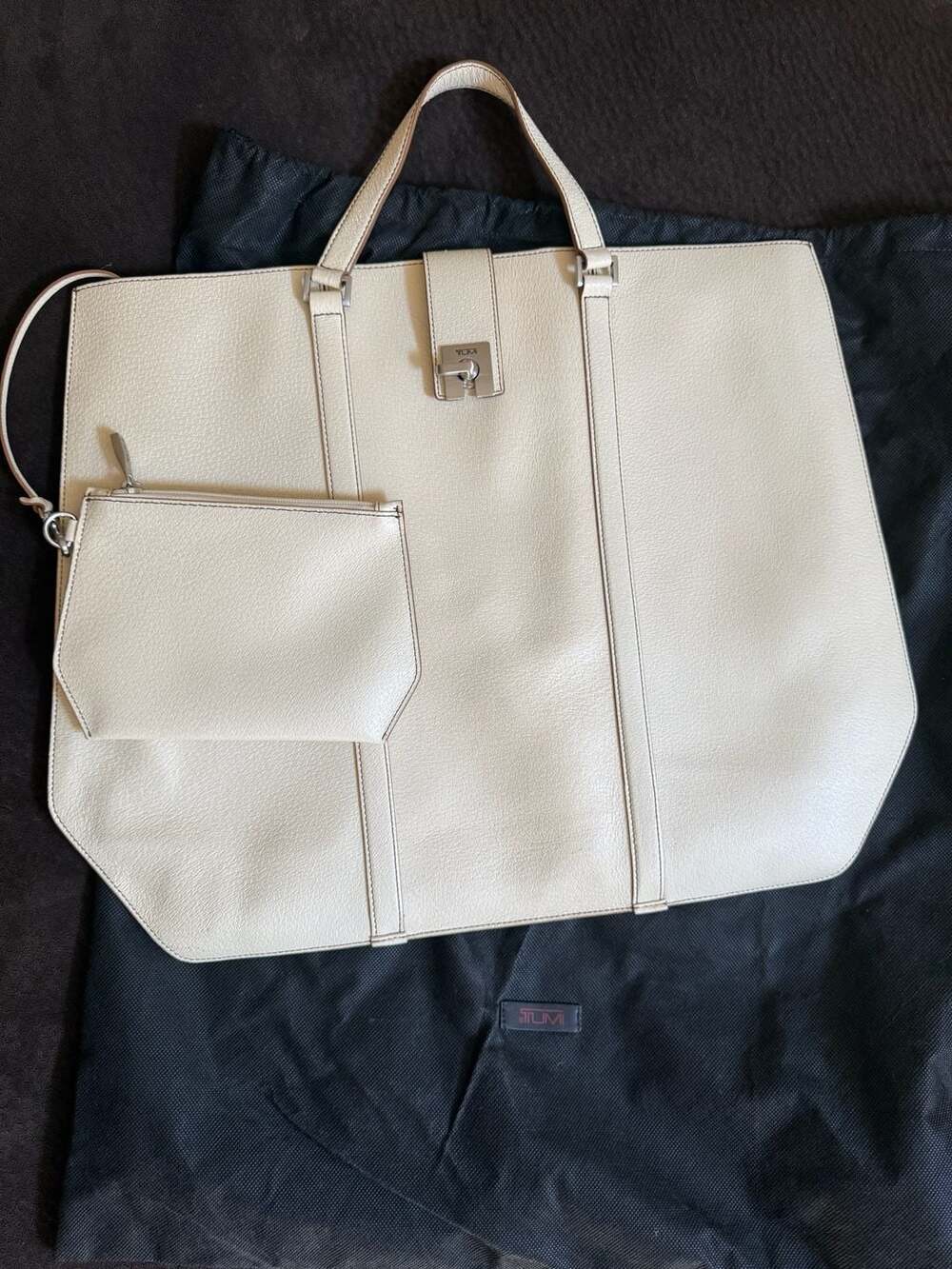 TUMI Beige Leather Tote Bag with Detachable Pouch